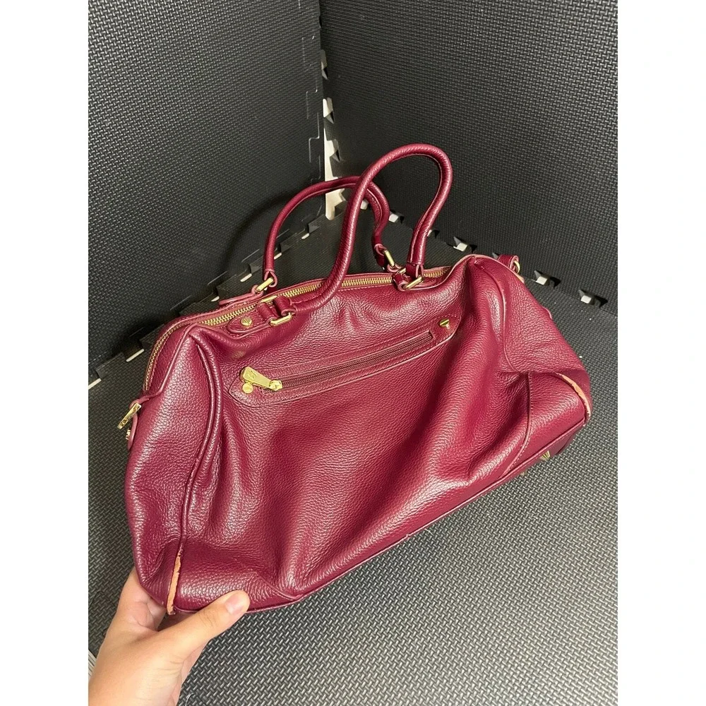 Ora Delphine Satchel Bag Womens Large Burgundy Pebbled Leather Gold Hardware